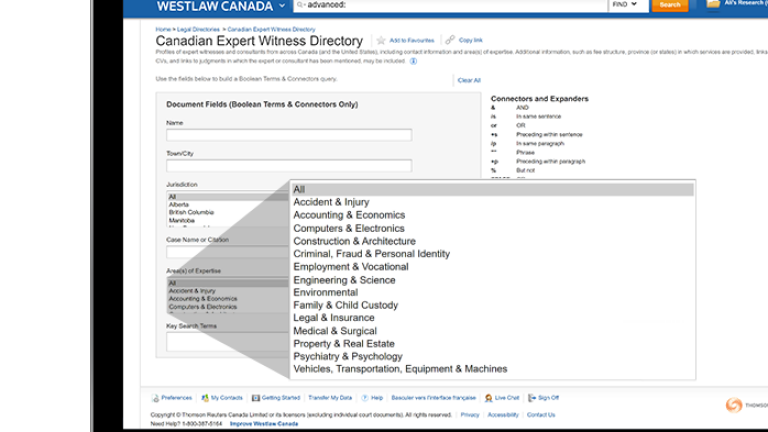 Westlaw Canada | Litigator | Expert Witness Directory screenshot