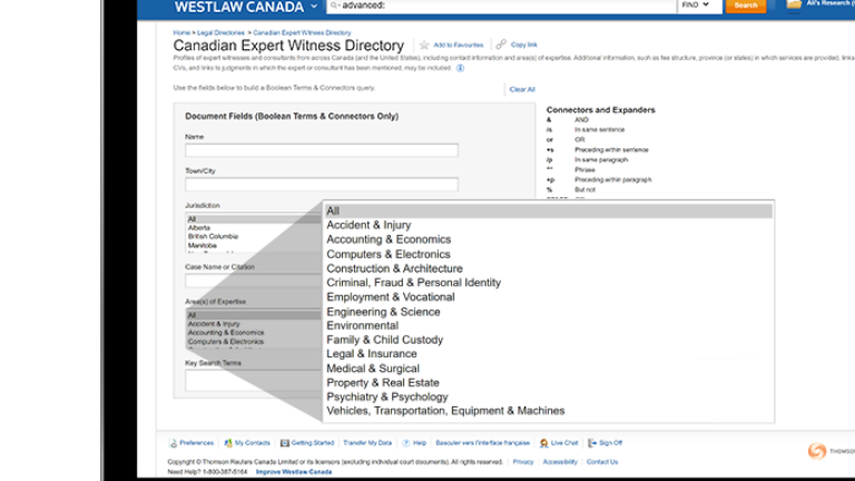 WestlawNext Canada | Litigator | Expert Witness Directory screenshot