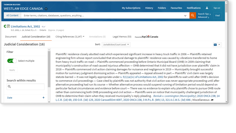 Westlaw Edge Canada, Judicial Considerations screenshot