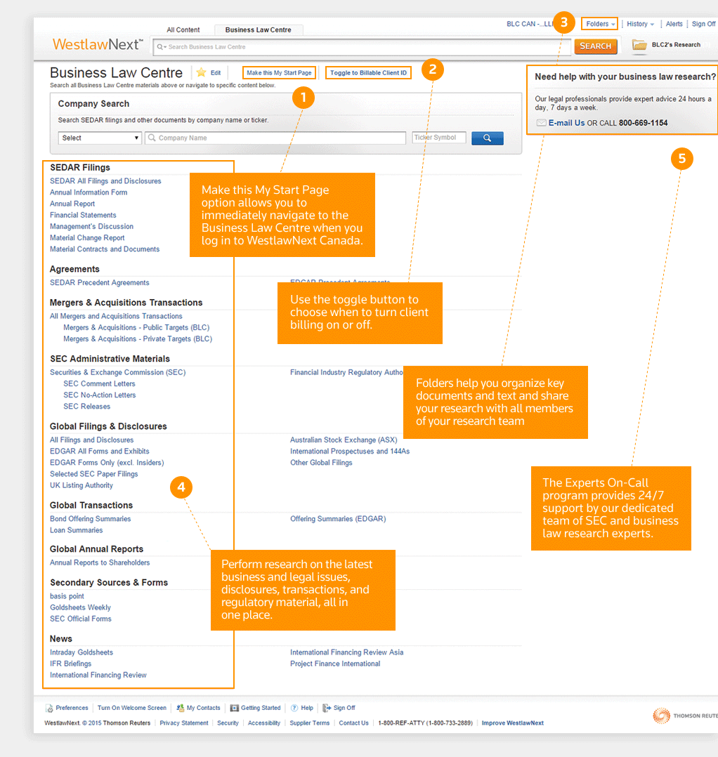 Business Law Westlaw Canada - EDGAR and CEDAR screenshot