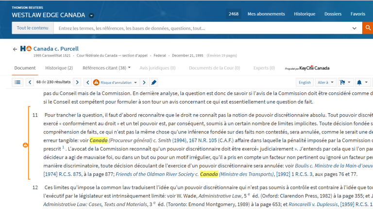 Westlaw Edge Canada | Indicateur KeyCite de risque de décision infirmée