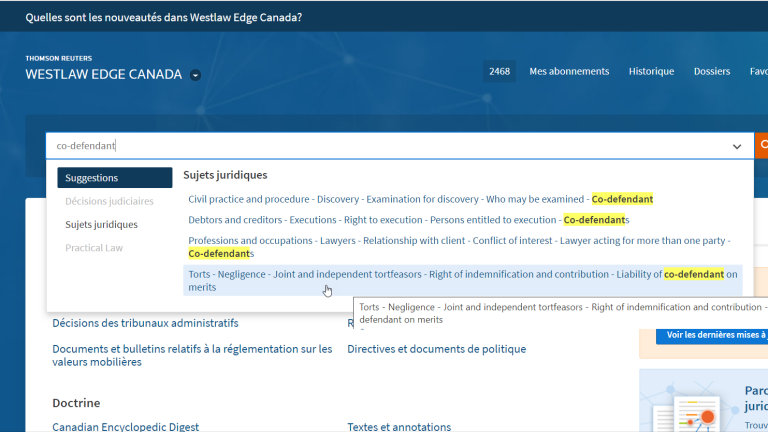 Westlaw Edge Canada | Suggestions de sujets juridques connexes