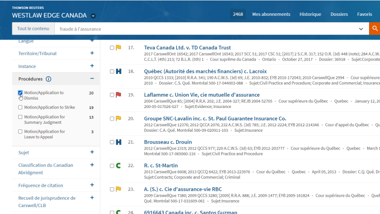 Westlaw Edge Canada | Filtre de jurisprudence