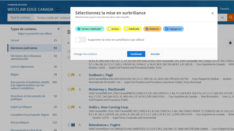 Westlaw Edge Canada | Surlignage de termes sélectionnés