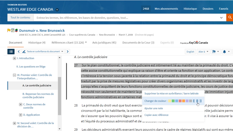 Westlaw Edge Canada | Trait vertical dans la marge