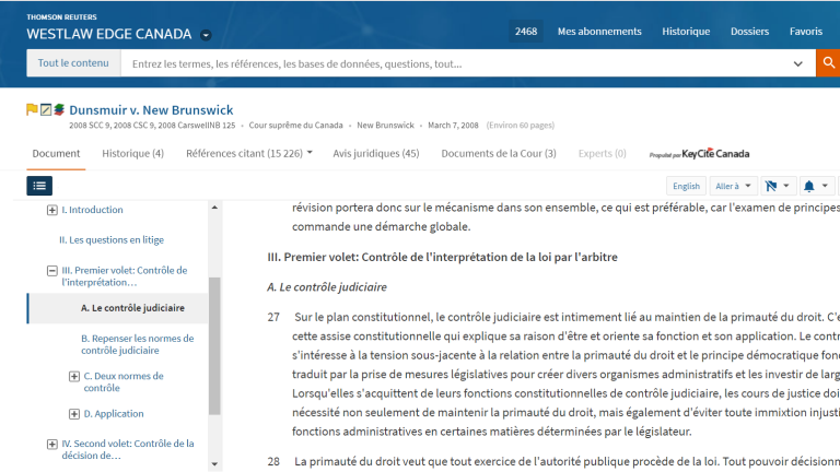 Westlaw Edge Canada | Table des matières