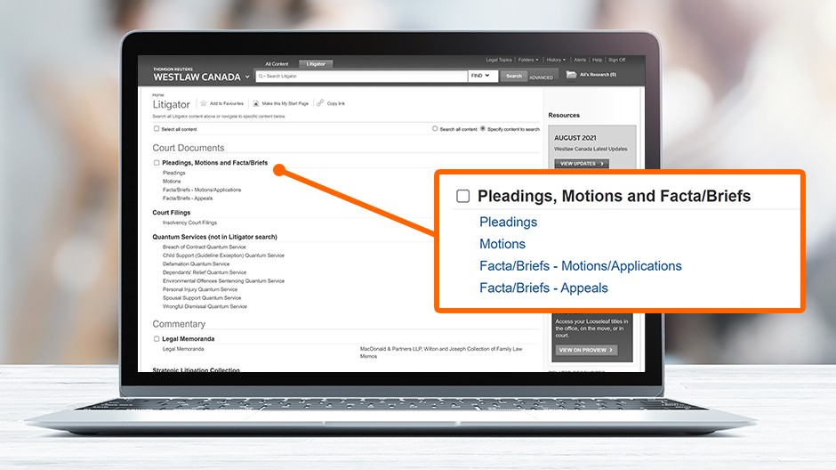 screenshot - 2. Pleadings, motions, and facta documents Retrieve pleadings, motion and facta documents as prepared.