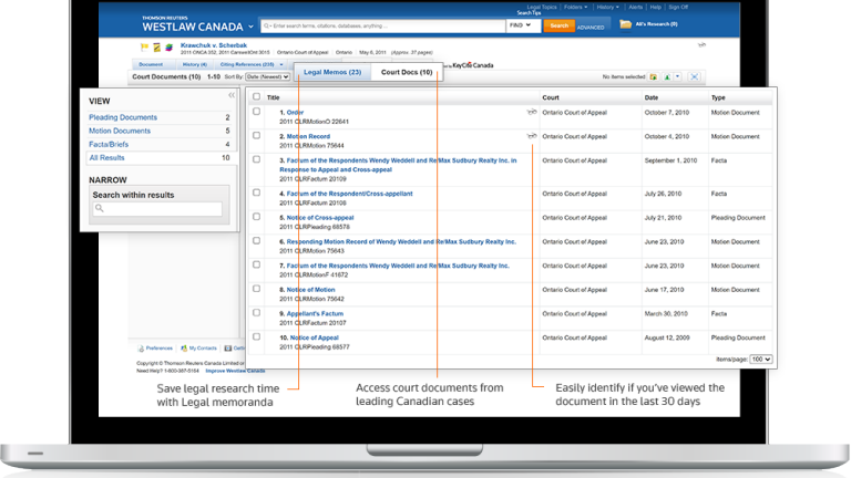 Screenshot - Court Documents | Litigator | Westlaw Canada