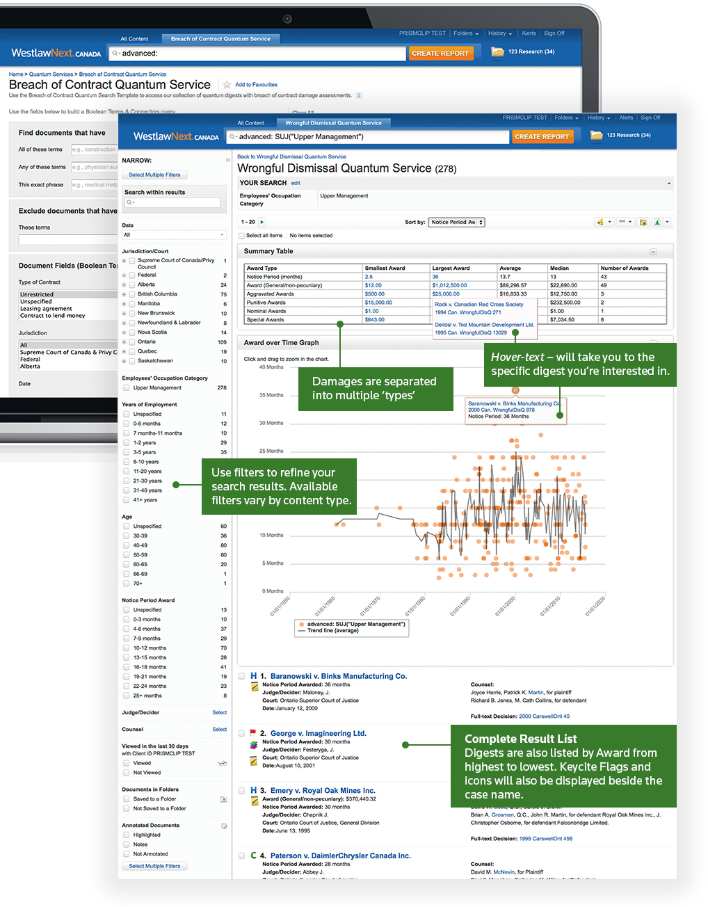 Two screenshots of Breach of Contract Quantum Service and Wrongful Dismissal Quantum Service