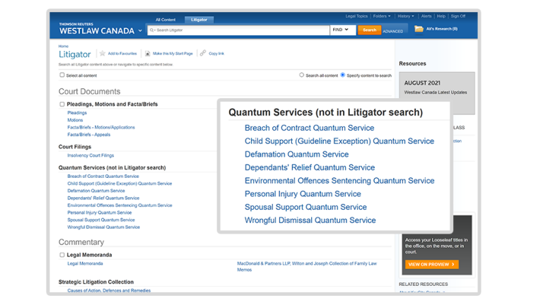 Westlaw Canada screentshot - Quantum Services