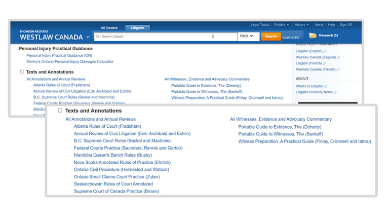 Westlaw Canada screentshot - Practice Guides and Expert Commentary