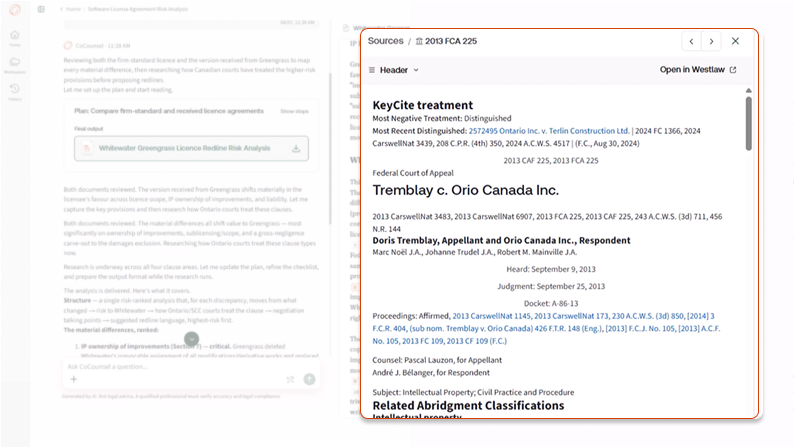 Screenshot of CoCounsel Legal Canada showing linked citations.