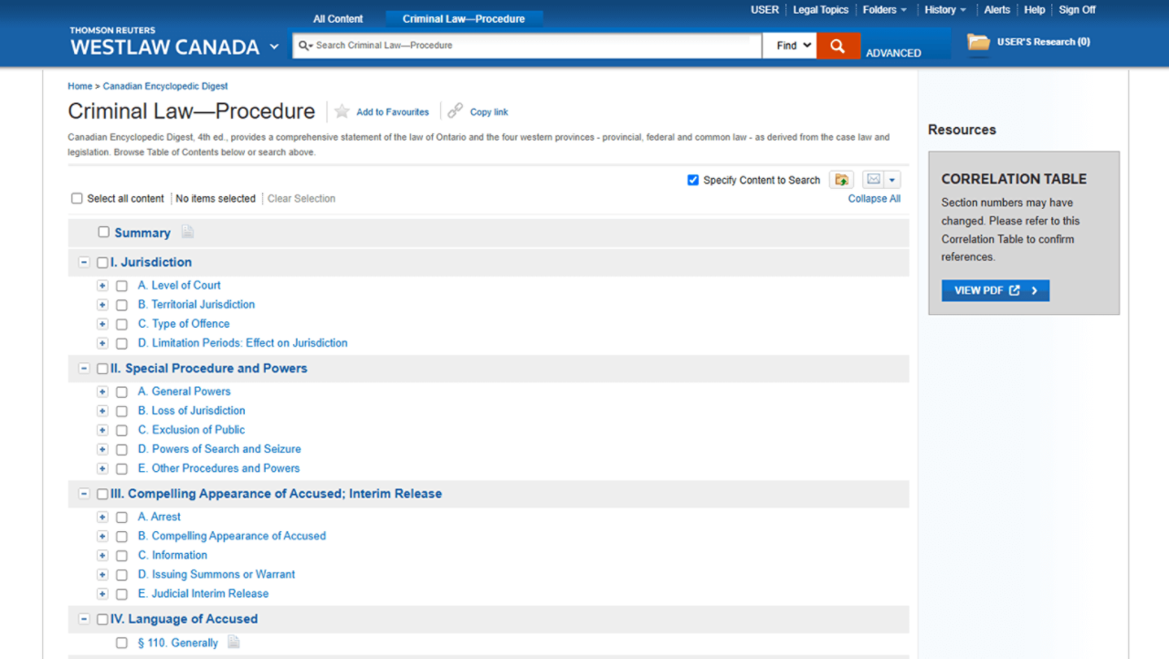 A product screenshot displaying the Canadian Encyclopedic Digest with a list of topics covered such as jurisdiction, special procedure and powers, and language of accused.  