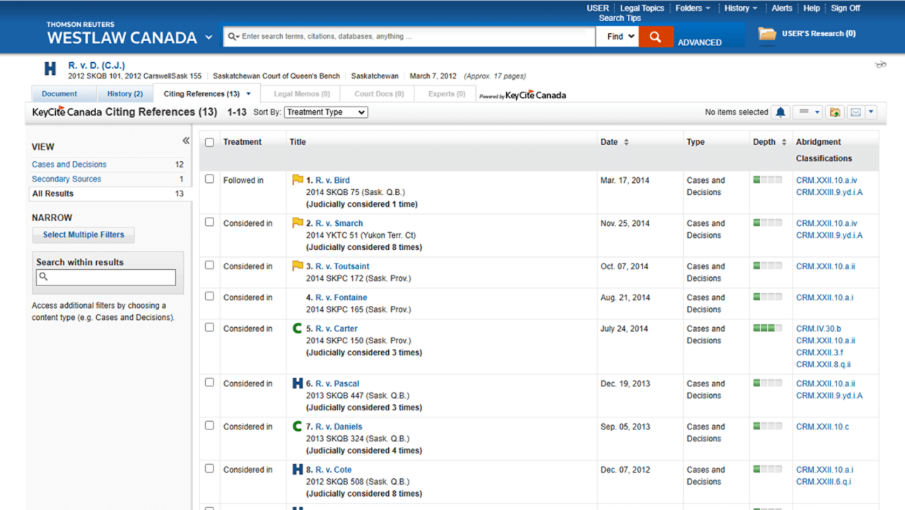 A product screenshot showing various KeyCite treatments for a group of Citing References, indicating which cases are still good law and which require further review.  