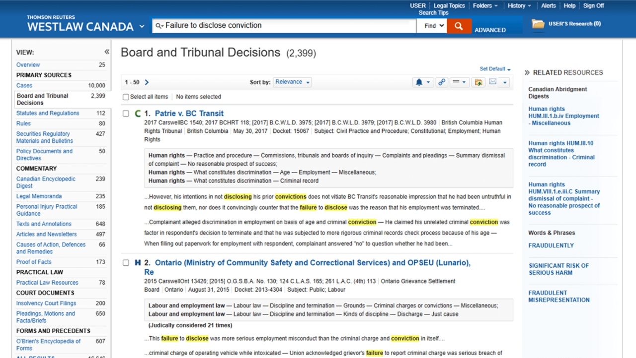 A product screenshot showcasing the search functionality of Westlaw and how it highlights key search terms in each result. Various filters appear in the left panel.  