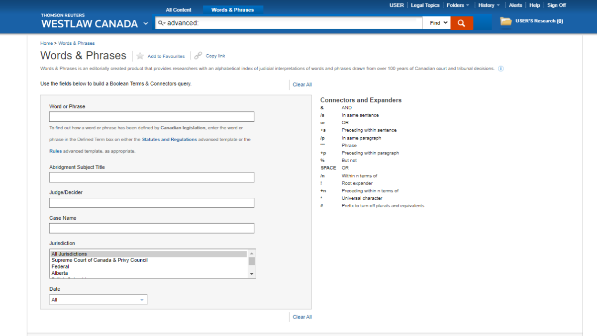 A product screenshot that shows the Words & Phrases search box, with options to enter Abridgment Subject Title, Judge/Decider, Case Name, Jurisdiction, and Date.  