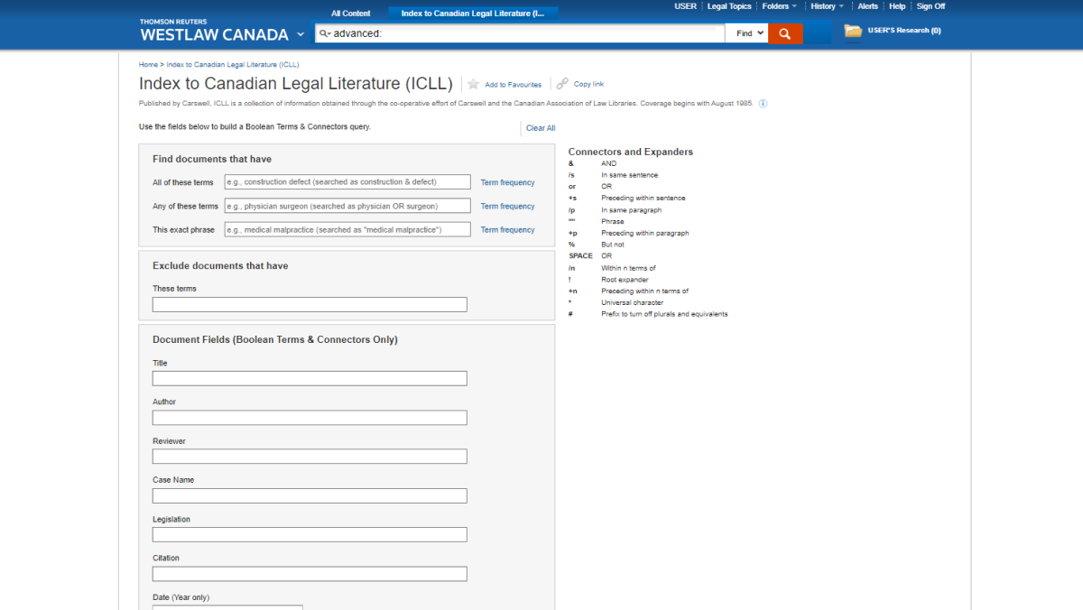 A product screenshot showing the Index to Canadian Legal Literature (ICLL) search box. It includes fields such as Title, Author, Reviewer, and Case Name.  
