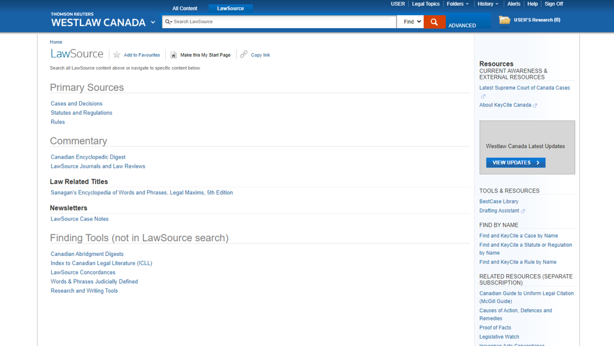 A product screenshot that spotlights LawSource content, including Primary Sources, Commentary, and Finding Tools.  