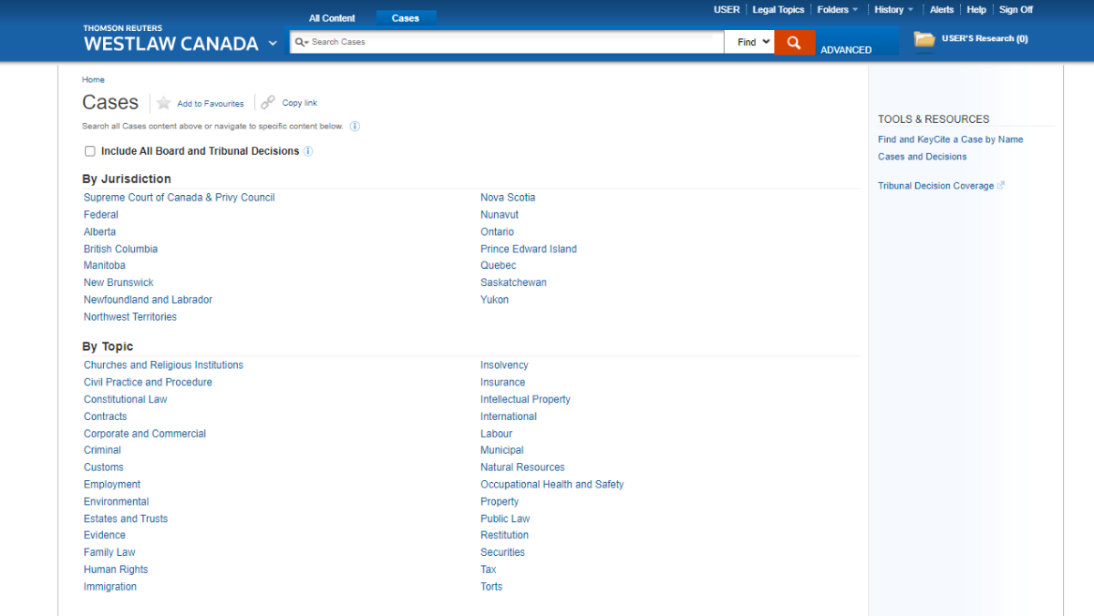 A product screenshot that shows the depth of Cases content available on Westlaw, broken down by jurisdiction and by topic.  