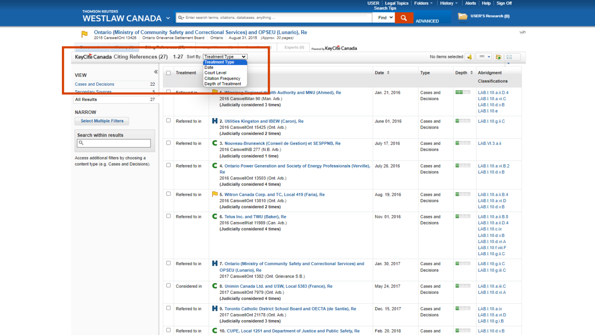 A product screenshot showing various KeyCite treatments for a group of Citing References, specifically calling out the ability to sort by Treatment Type, Date, Court Level, and more.   