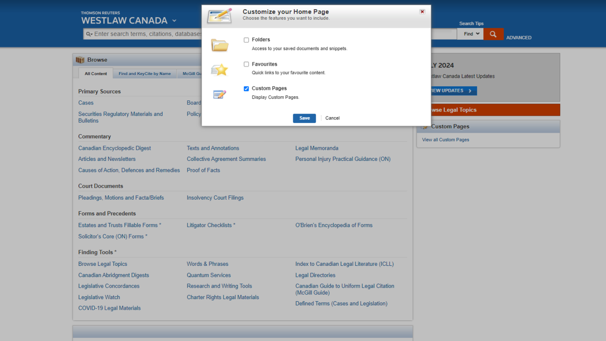 A product screenshot illustrating the popup box that explains how a user can customize their homepage on Westlaw.  