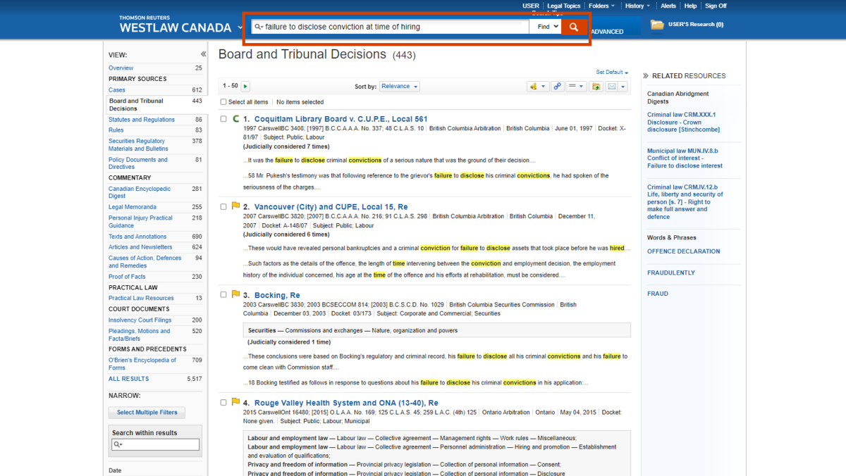 A product screenshot showcasing the search functionality of Westlaw and how it highlights key search terms in each result. Various filters appear in the left panel.  
