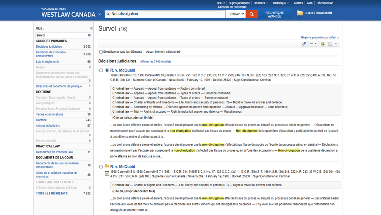 A product screenshot showcasing the search functionality of Westlaw and how it highlights key search terms in each result. Various filters appear in the left panel.  