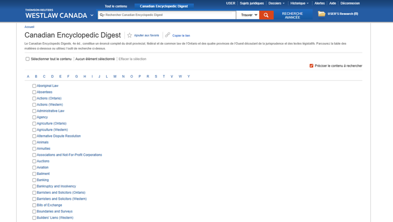 A product screenshot that displays the Canadian Encyclopedic Digest collection, including topics such as Aboriginal Law, Administrative Law, Building Contracts, and many more.  