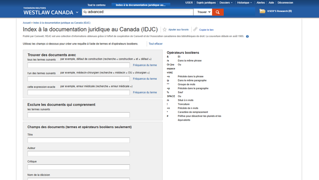 A product screenshot showing the Index to Canadian Legal Literature (ICLL) search box. It includes fields such as Title, Author, Reviewer, and Case Name.  