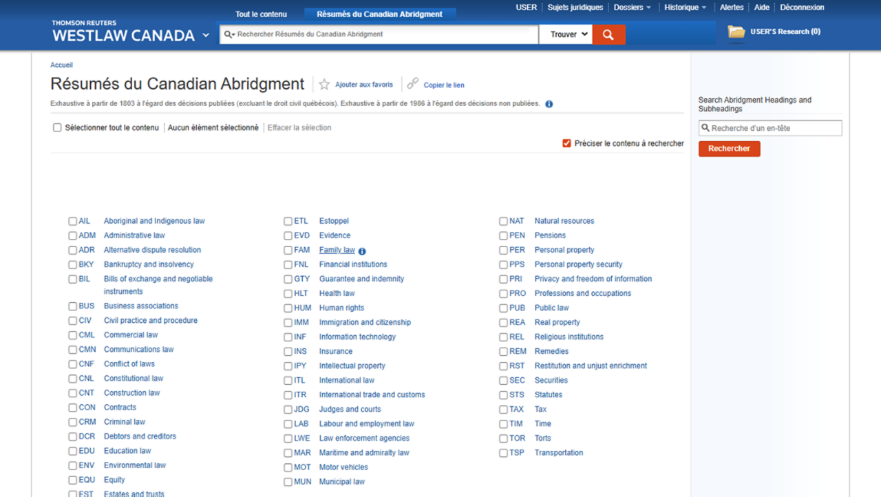 A product screenshot showing an example of the Canadian Abridgment, highlighting the depth of content and Jurisdiction filter options in the left panel.  