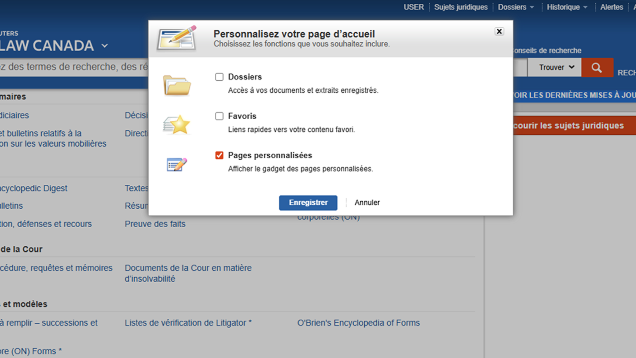 A product screenshot illustrating the popup box that explains how a user can customize their homepage on Westlaw.  